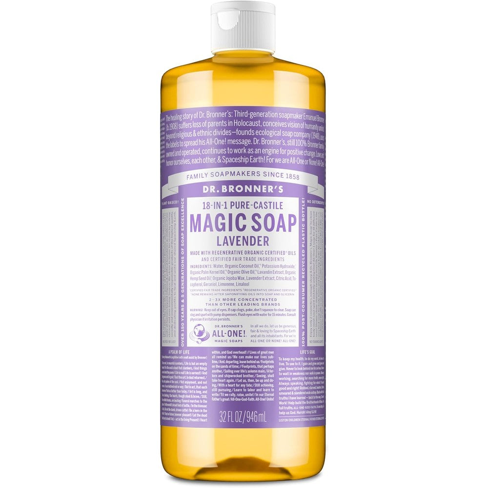Dr. Bronner's Pure-Castile Liquid Soap Lavender 32 Ounce front view bottle showcasing authentic USA packaging