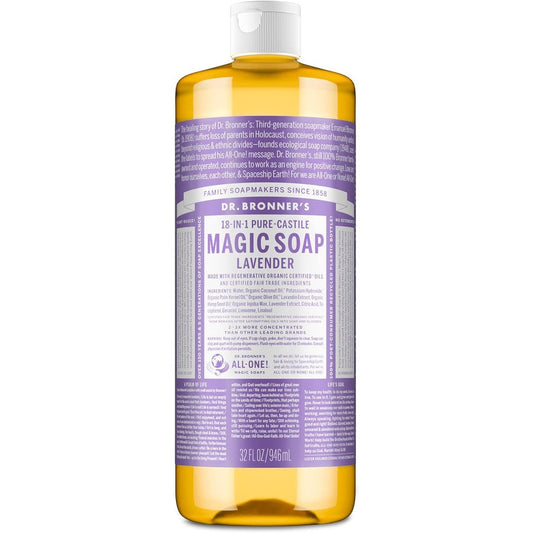 Dr. Bronner's Pure-Castile Liquid Soap Lavender 32 Ounce front view bottle showcasing authentic USA packaging