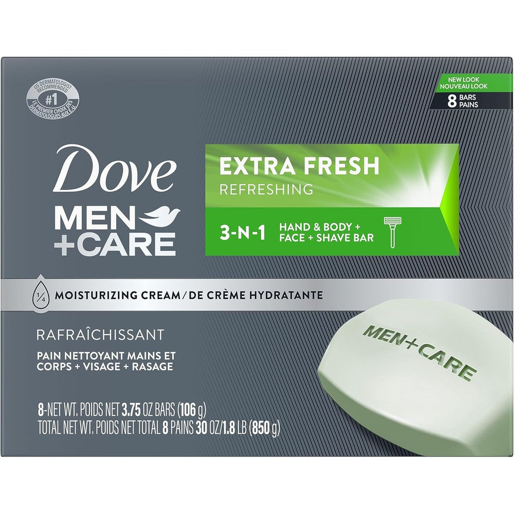 Dove Men Care 3 in 1 Bar Cleanser Extra Fresh 8 pack front view