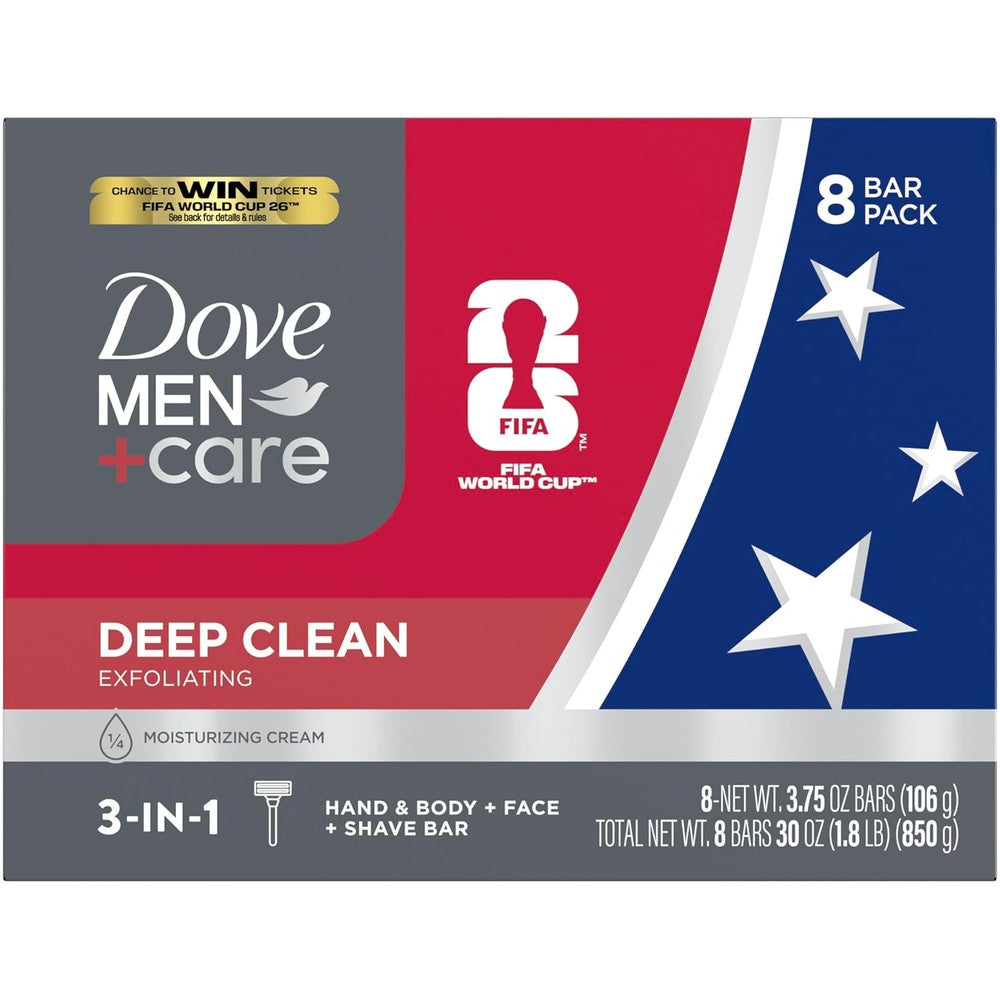Dove Men Plus Care Deep Clean bar soap 8 pack front view