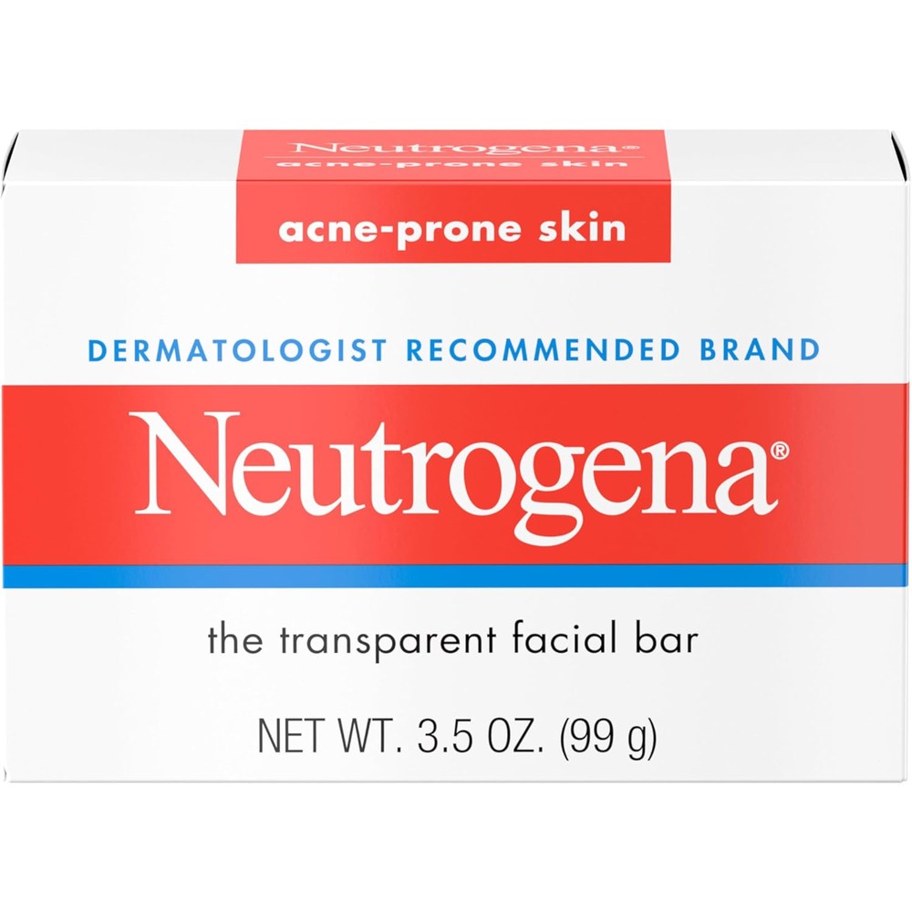 Neutrogena Facial Cleansing Bar for Acne-Prone Skin front view of the transparent amber soap packaging.