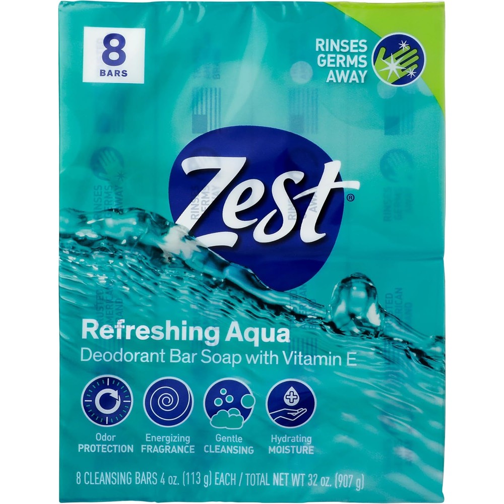 Zest Refreshing Aqua Deodorant Bath Soap With Vitamin E 4 Ounce 8 Bars Total 32 Ounce Pack - Image 1
