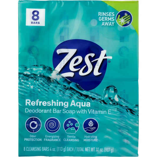 Zest Refreshing Aqua Deodorant Bath Soap With Vitamin E 4 Ounce 8 Bars Total 32 Ounce Pack - Image 1
