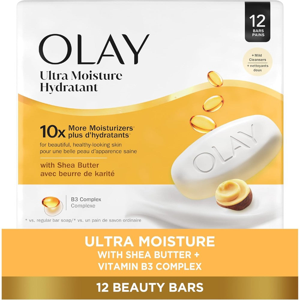 Olay Beauty Bar Ultra Moisture twelve pack of bath soap bars with shea butter