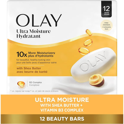Olay Beauty Bar Ultra Moisture twelve pack of bath soap bars with shea butter
