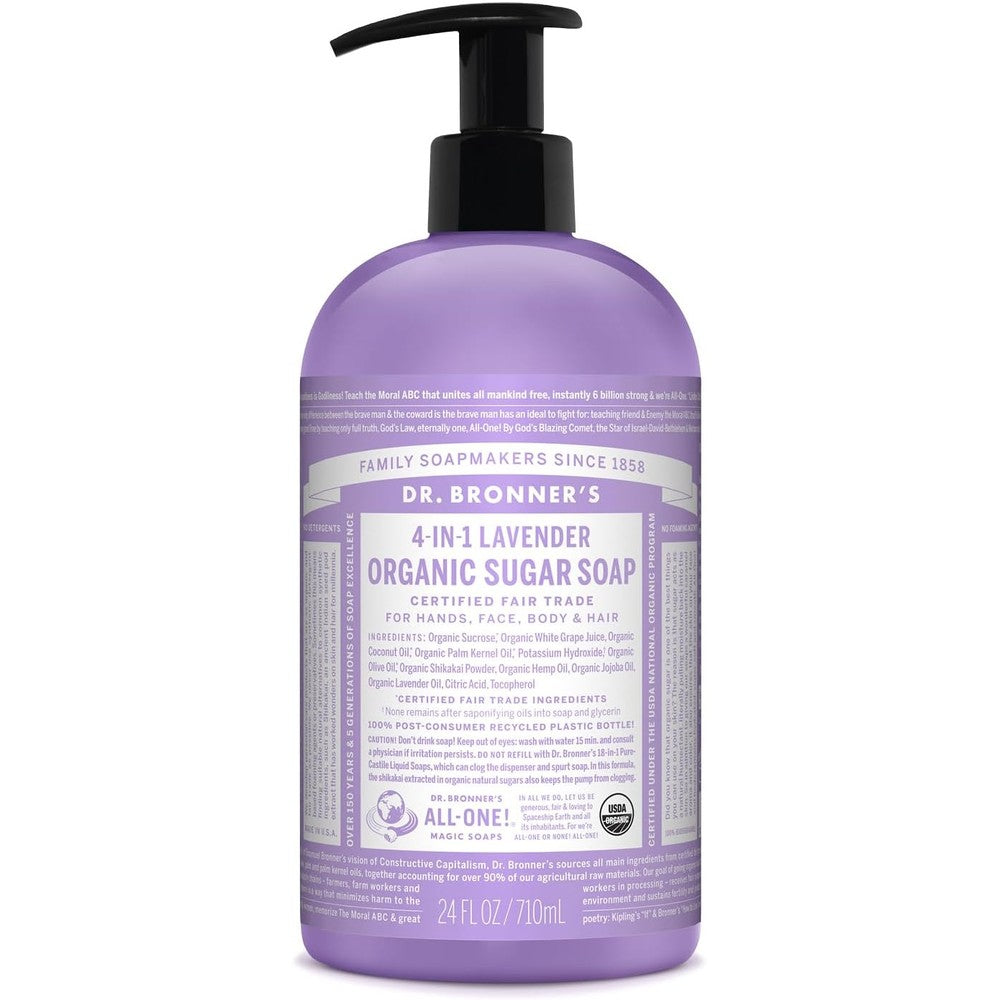 Dr. Bronner's Organic Sugar Soap Lavender 24 Ounce front view bottle on a plain background.
