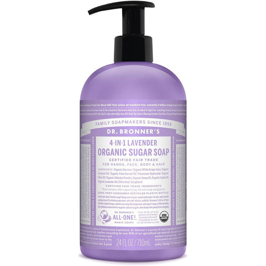 Dr. Bronner's Organic Sugar Soap Lavender 24 Ounce front view bottle on a plain background.