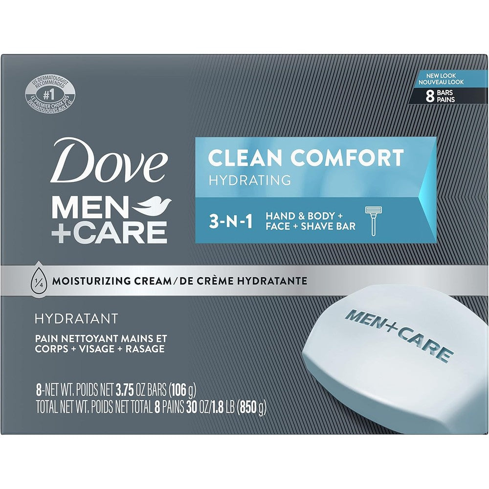 Dove Men Plus Care Clean Comfort Body and Face Bar 8 pack front view