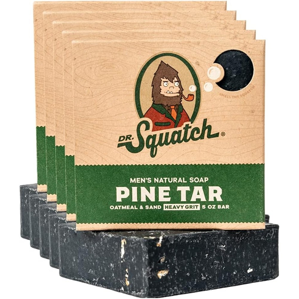 Dr. Squatch Natural Men's Bar Soap Pine Tar 5 Pack front view showcasing the rustic packaging.