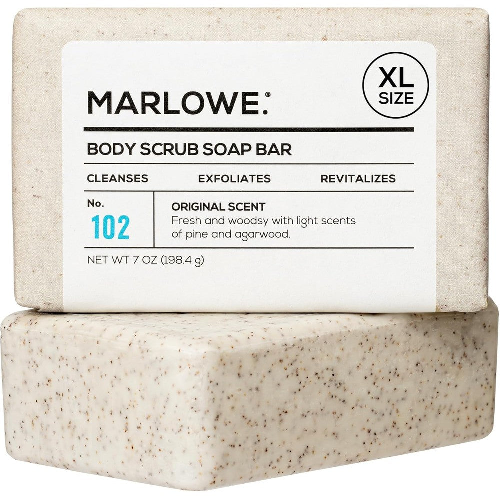 MARLOWE. Number 102 Body Scrub Soap seven ounce front view packaging showing exfoliating men's soap bar.