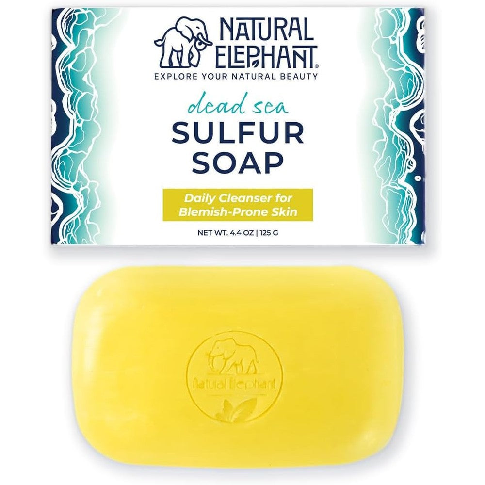 Natural Elephant Dead Sea Sulfur Soap Bar front view packaging for acne prone skin
