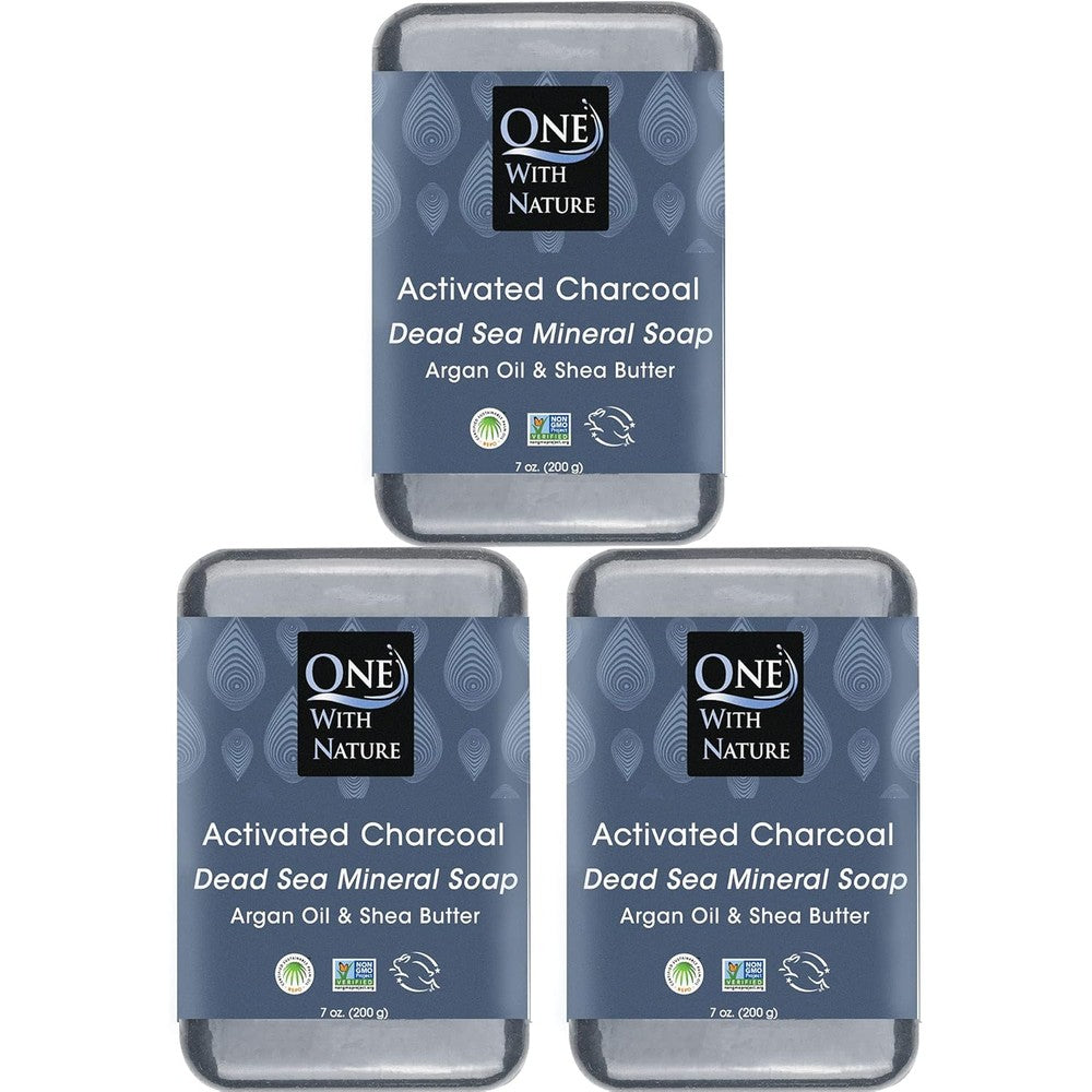One With Nature Activated Charcoal Dead Sea Salt Soap three pack front view authentic imported skincare