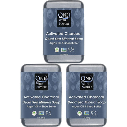 One With Nature Activated Charcoal Dead Sea Salt Soap three pack front view authentic imported skincare