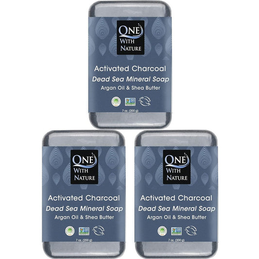 One With Nature Activated Charcoal Dead Sea Salt Soap three pack front view authentic imported skincare
