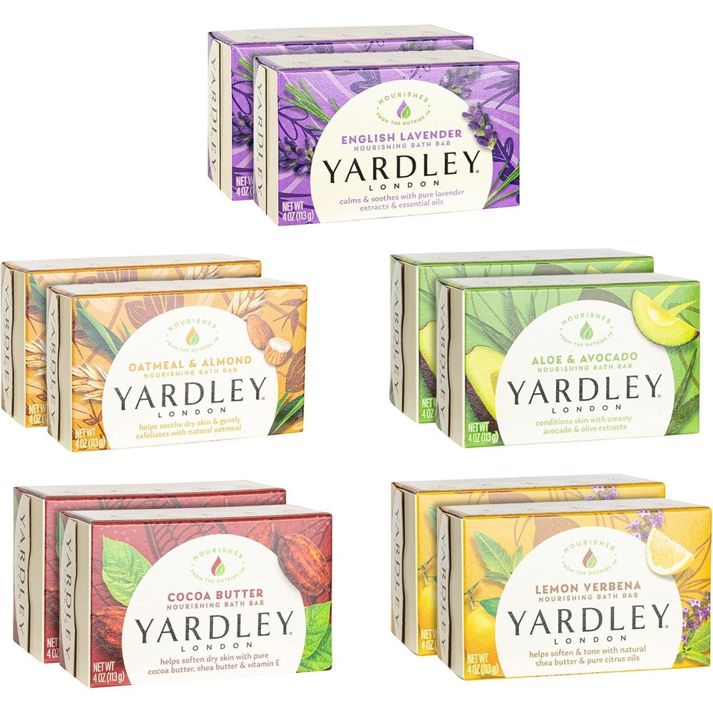 Yardley London Naturally Moisturizing Bath Soap Bars 10 Pack front view showing assorted variety packaging