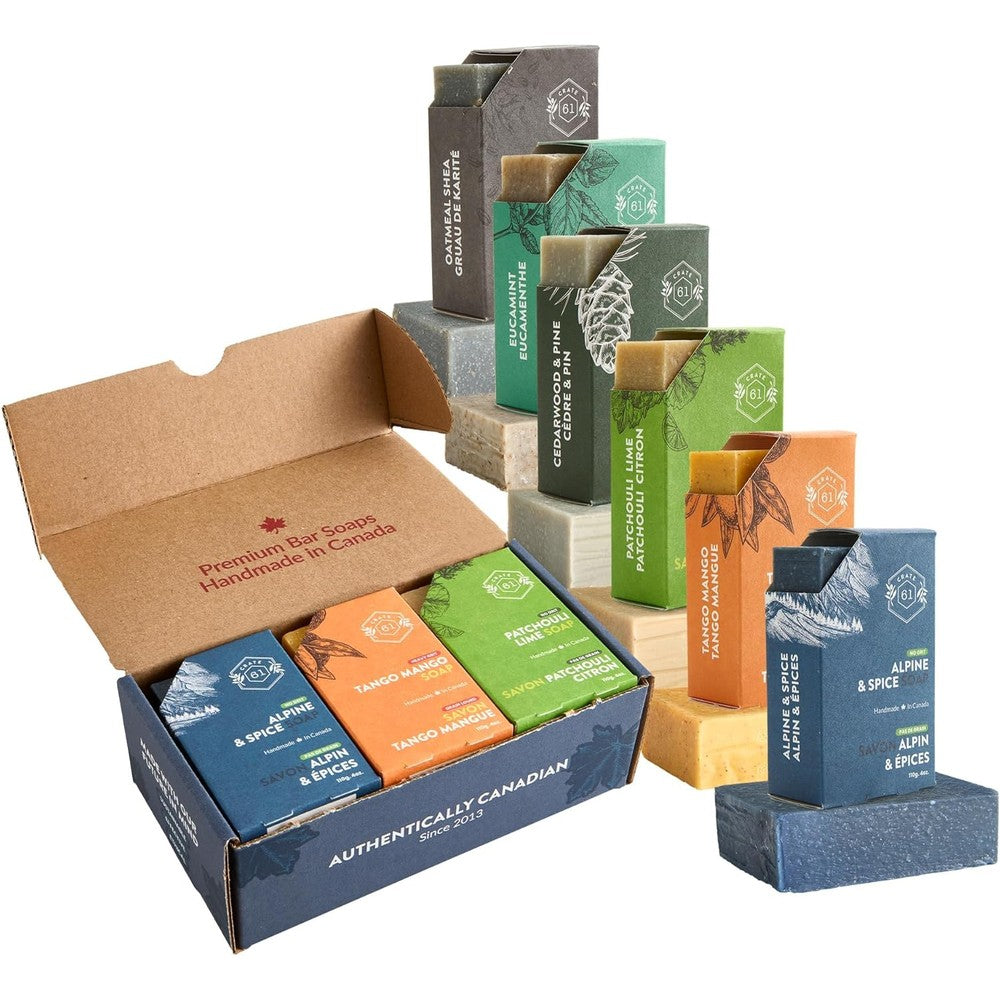 Crate 61 Organics Natural Bar Soap For Him Pack of 6 front view showcasing the variety box.