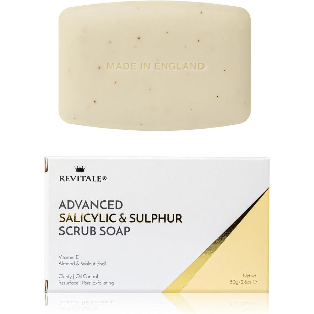 REVITALE Advanced BHA Salicylic Acid and Sulphur Scrub Soap front packaging view for acne control