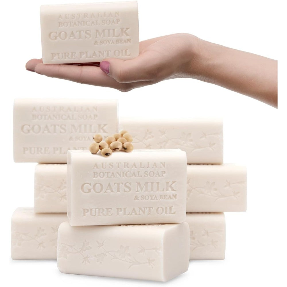 Australian Botanical Soap Goat Milk Pack of 8 front view showing natural premium packaging.