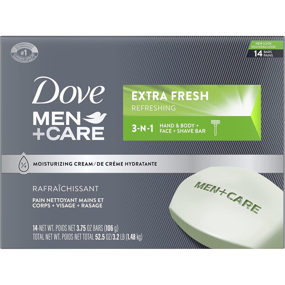 Dove Men Care 3 in 1 Extra Fresh cleanser bar front packaging view