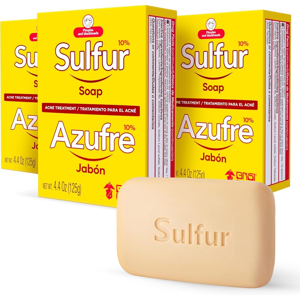 Biosulfur Grisi Acne Treatment Soap three pack front view showing packaging.