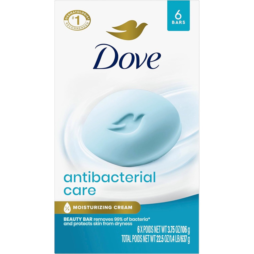 Dove Antibacterial Care Beauty Bar Soap six count front view packaging