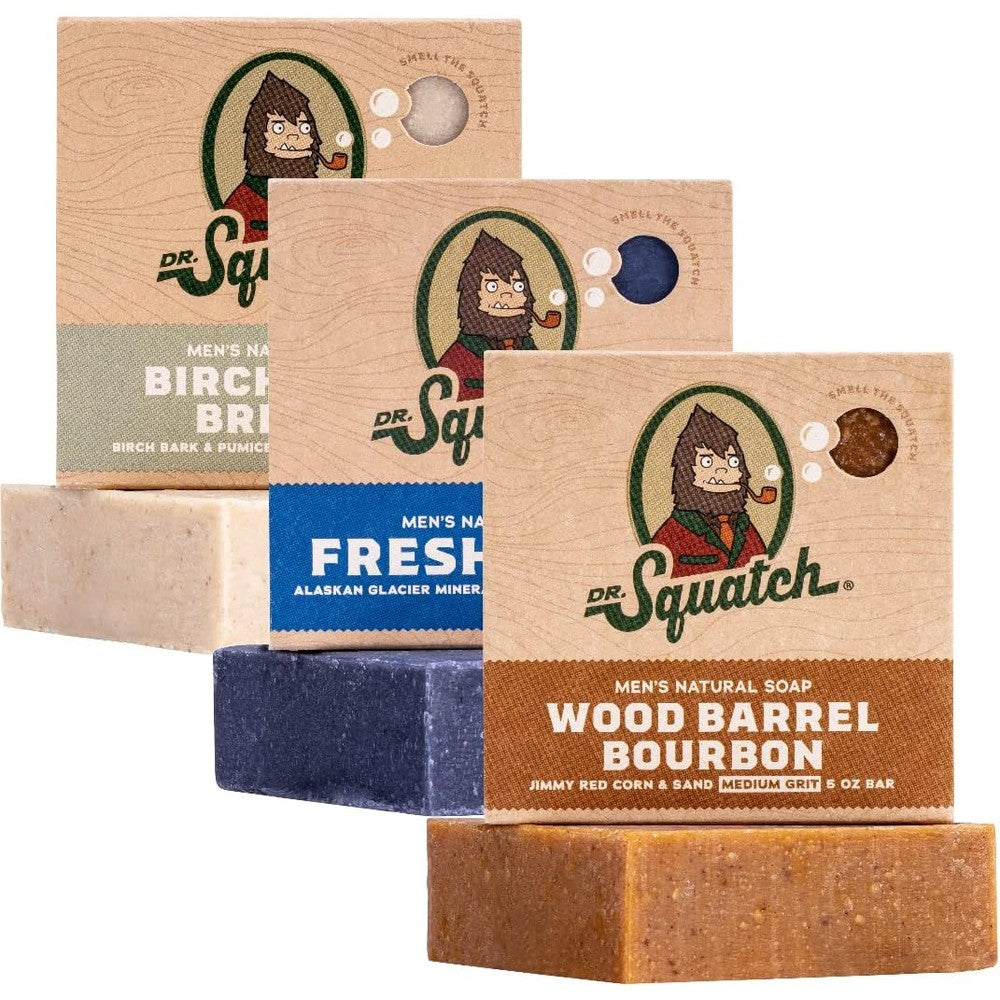 Dr. Squatch Natural Men's Bar Soap 3 Pack front view of the variety box featuring natural ingredients