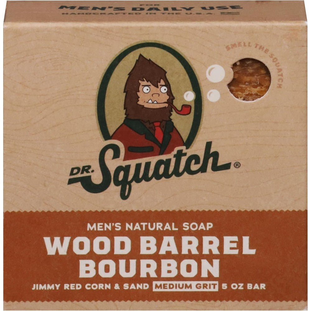Dr. Squatch Wood Barrel Bourbon Natural Bar Soap for men front view authentic USA imported grooming.