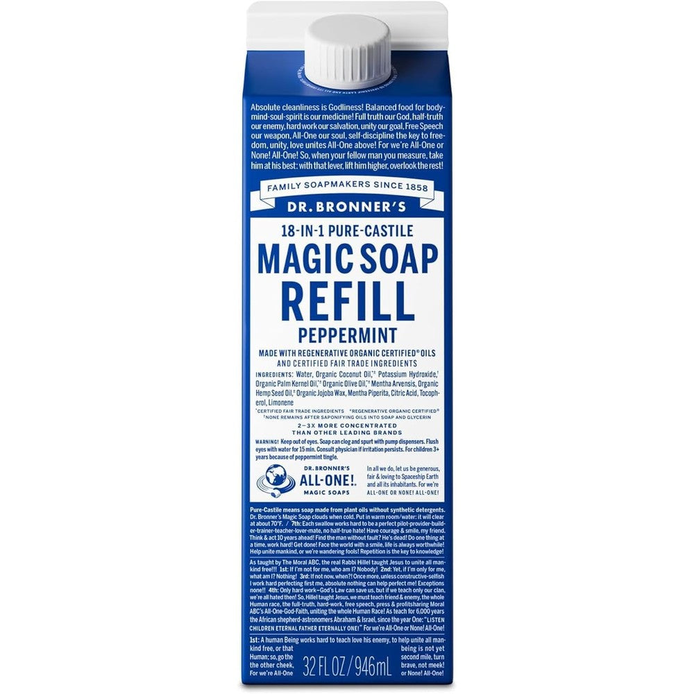 Dr. Bronner's Pure-Castile Liquid Magic Soap Refill Peppermint thirty-two ounce front view eco-friendly packaging