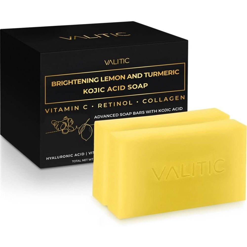 VALITIC Brightening Lemon and Turmeric Kojic Acid Soap front view of the packaging and two yellow soap bars