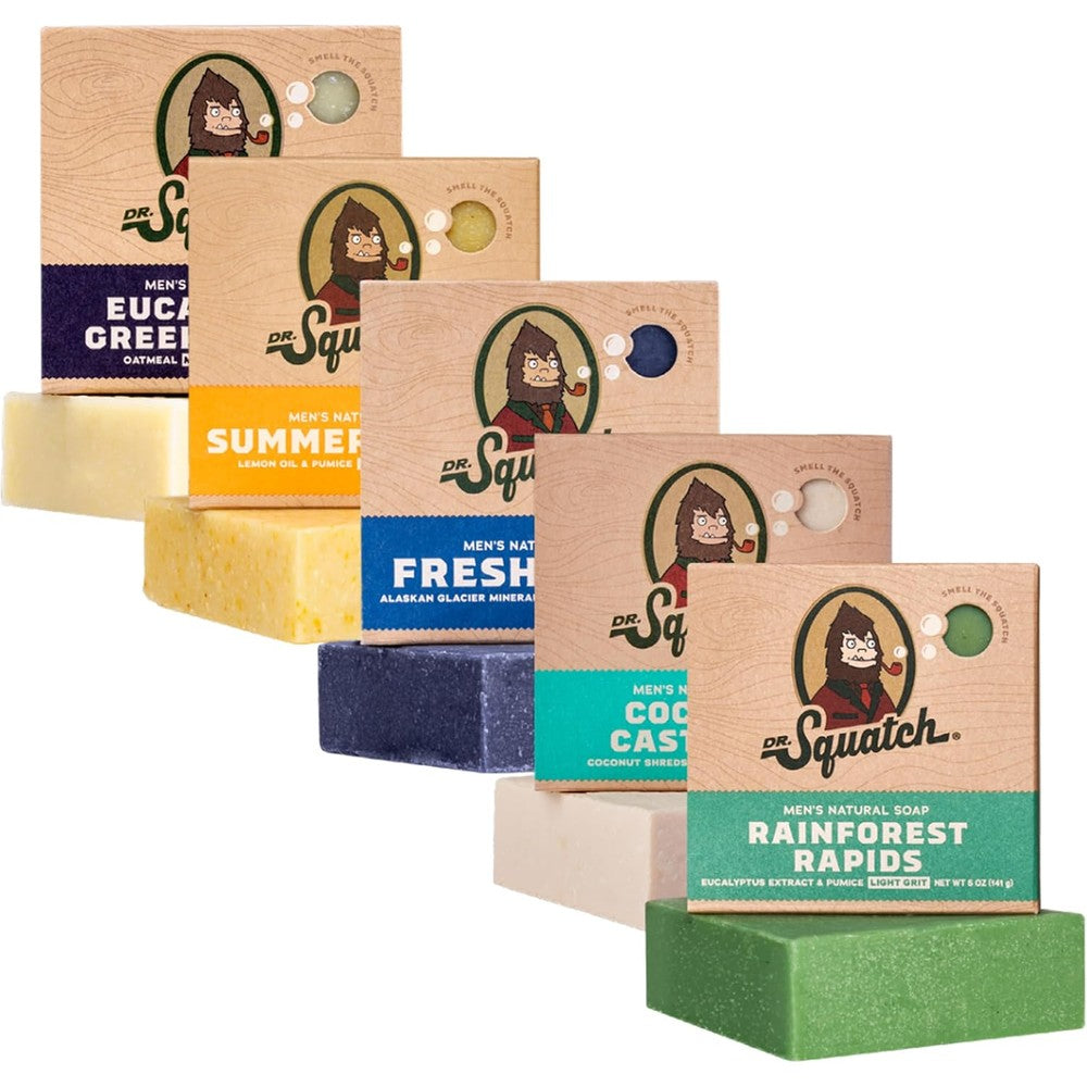 Dr. Squatch Natural Men’s Bar Soap 5 Pack Variety front view showing premium packaging.
