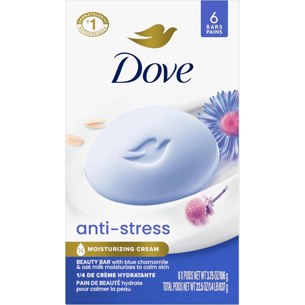 Dove Anti Stress Beauty Bar front view showing the blue chamomile packaging.