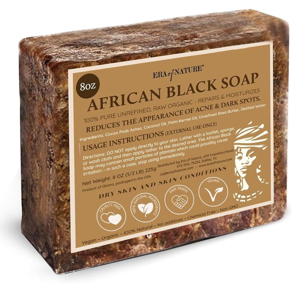 Era of Nature Best Raw Organic African Black Soap 8 Ounce packaging front view