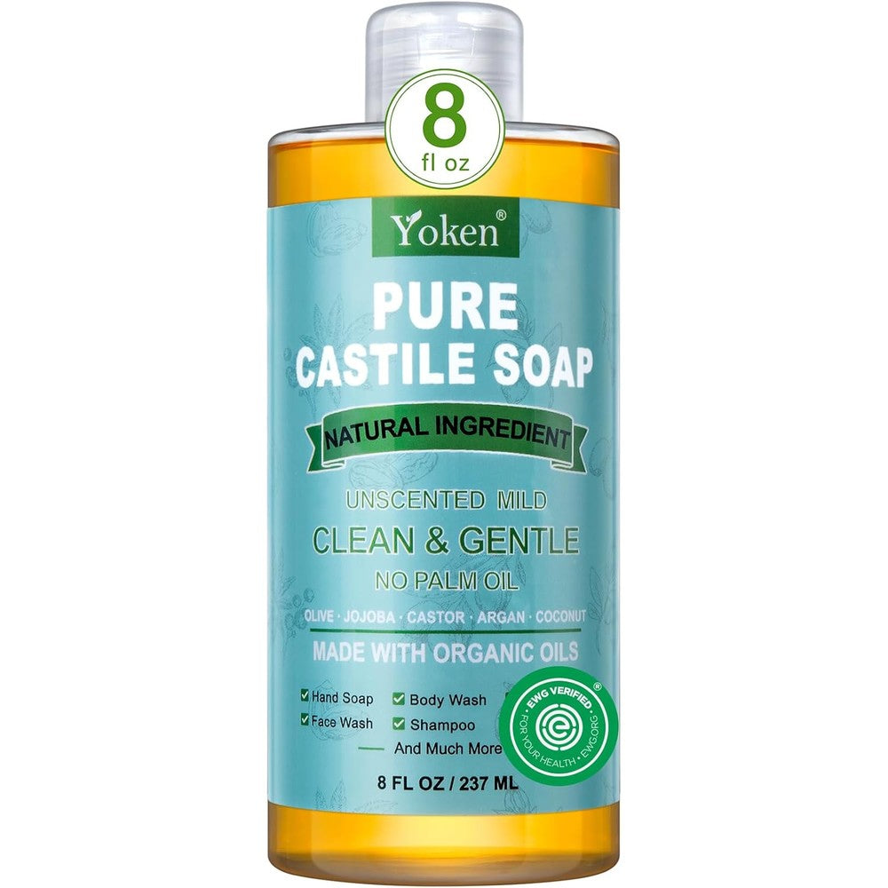 Yoken Pure Castile Liquid Soap Organic front view of the eight ounce bottle.