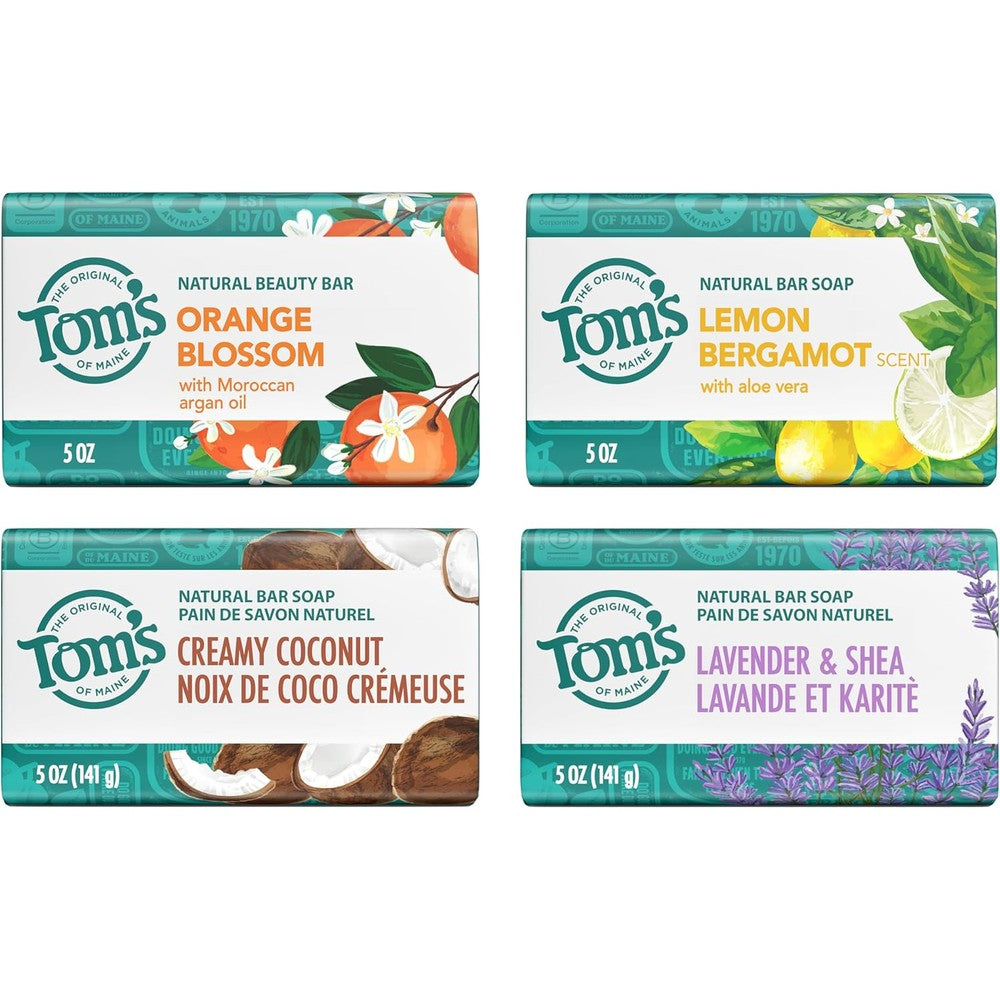 Tom's Of Maine Natural Bar Soap Variety Pack front view showing four assorted premium beauty soap bars