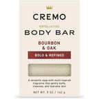 Cremo exfoliating bourbon and oak body bar front packaging view