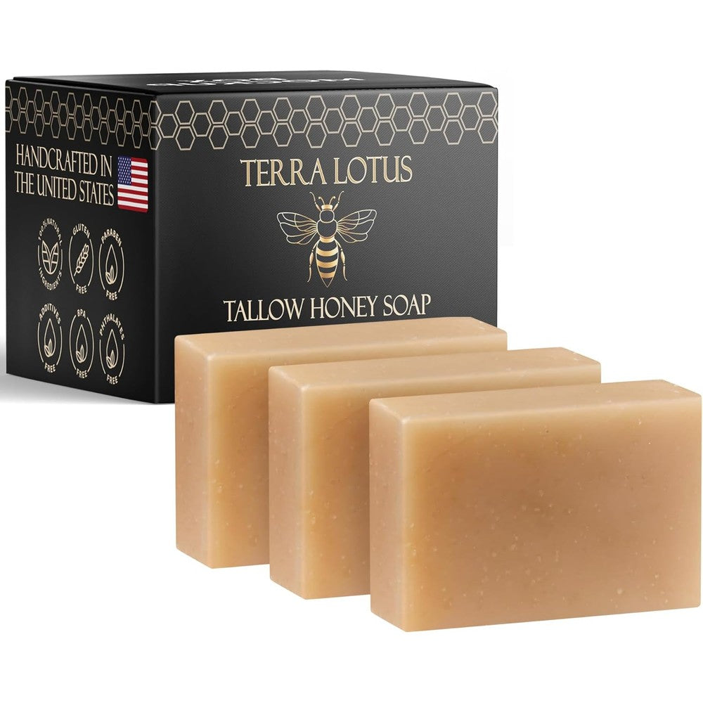 Terra Lotus Organic Tallow Soap unscented three pack front view showcasing the premium black honeycomb pattern packaging