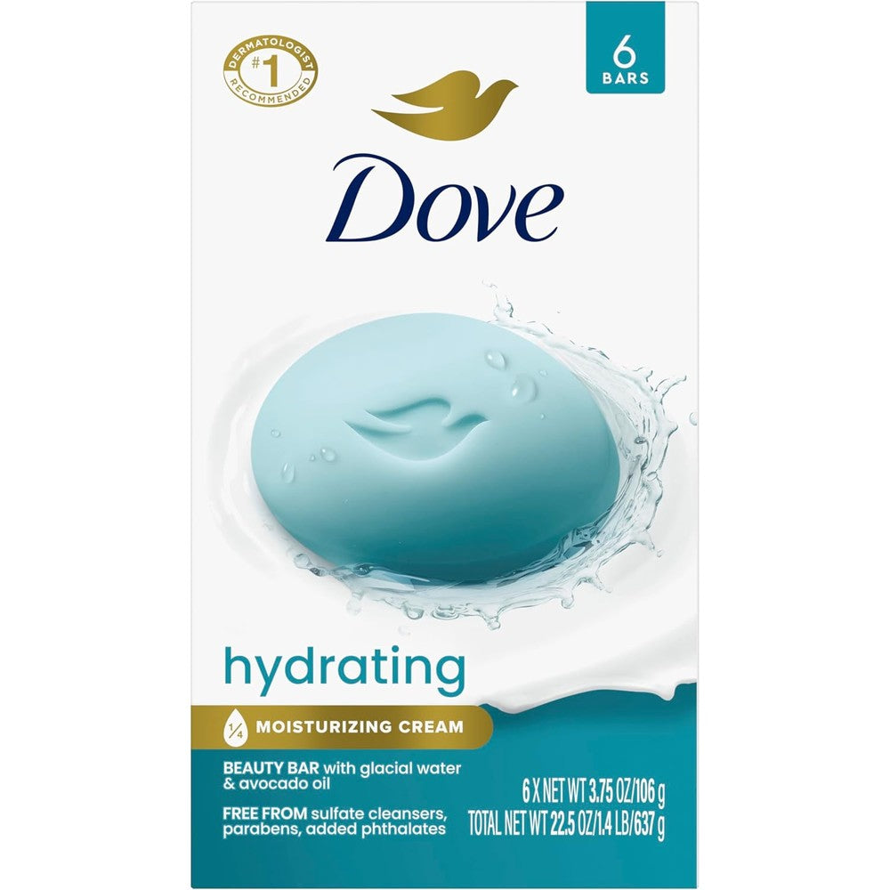 Dove Hydrating Beauty Bar 6 Pack front view showing authentic USA packaging