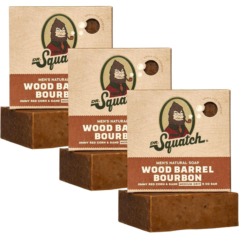 Dr. Squatch Wood Barrel Bourbon Natural Bar Soap three pack front view authentic imported grooming packaging
