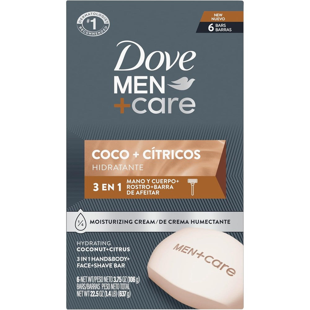 Dove Men Care Coconut Citrus 3 in 1 Bar Soap 6 pack front packaging view