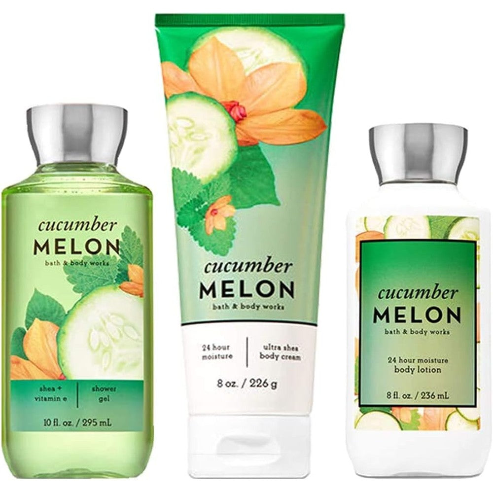 Bath and Body Works Cucumber Melon gift set front view featuring body cream shower gel and lotion