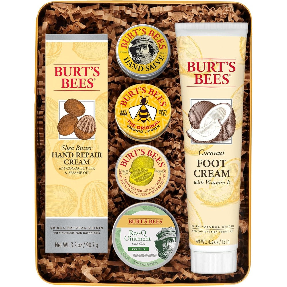 Burt's Bees Classics Gift Set front view showing six travel products inside a decorative metal tin