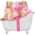 Spa Luxetique rose spa gift basket front view with decorative bathtub container