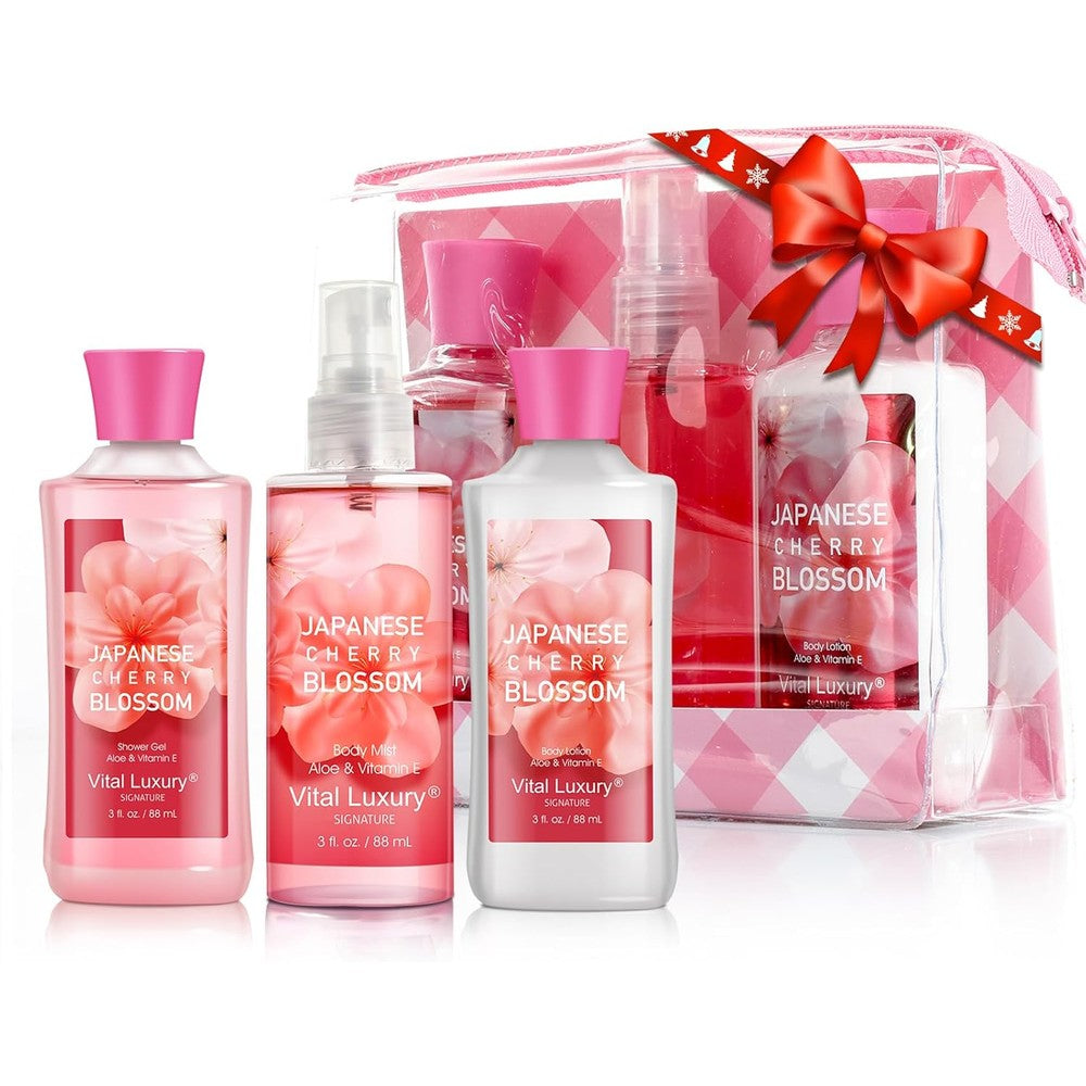 Vital Luxury Japanese Cherry Blossom travel set front view.