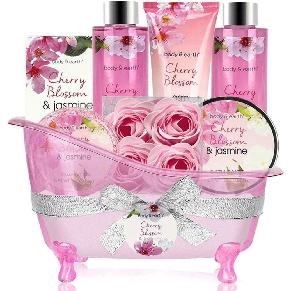 Body And Earth cherry blossom spa gift basket front view