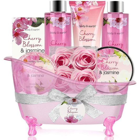 Body And Earth cherry blossom spa gift basket front view