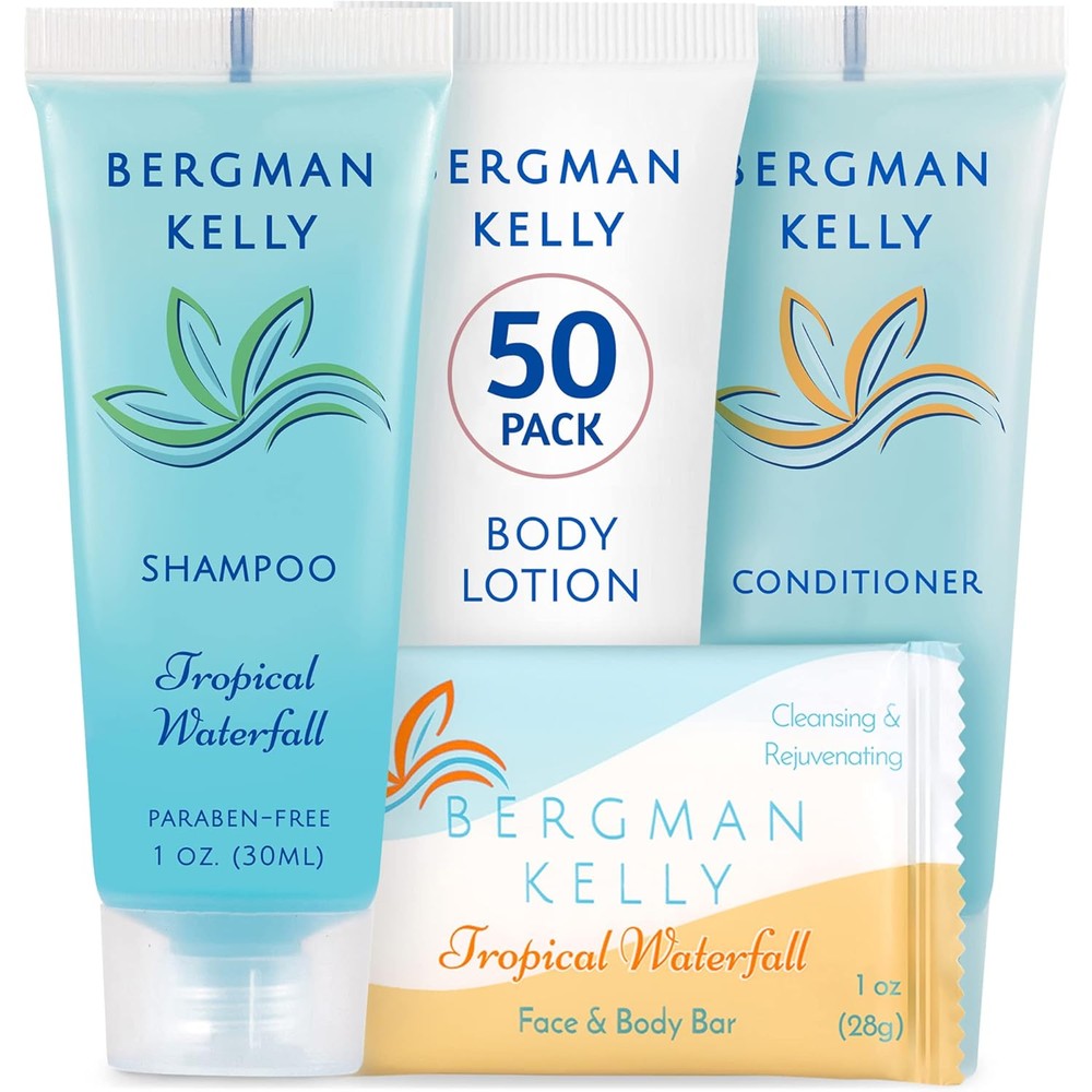 Bergman Kelly hotel toiletries bundle front view with assorted bottles and soap
