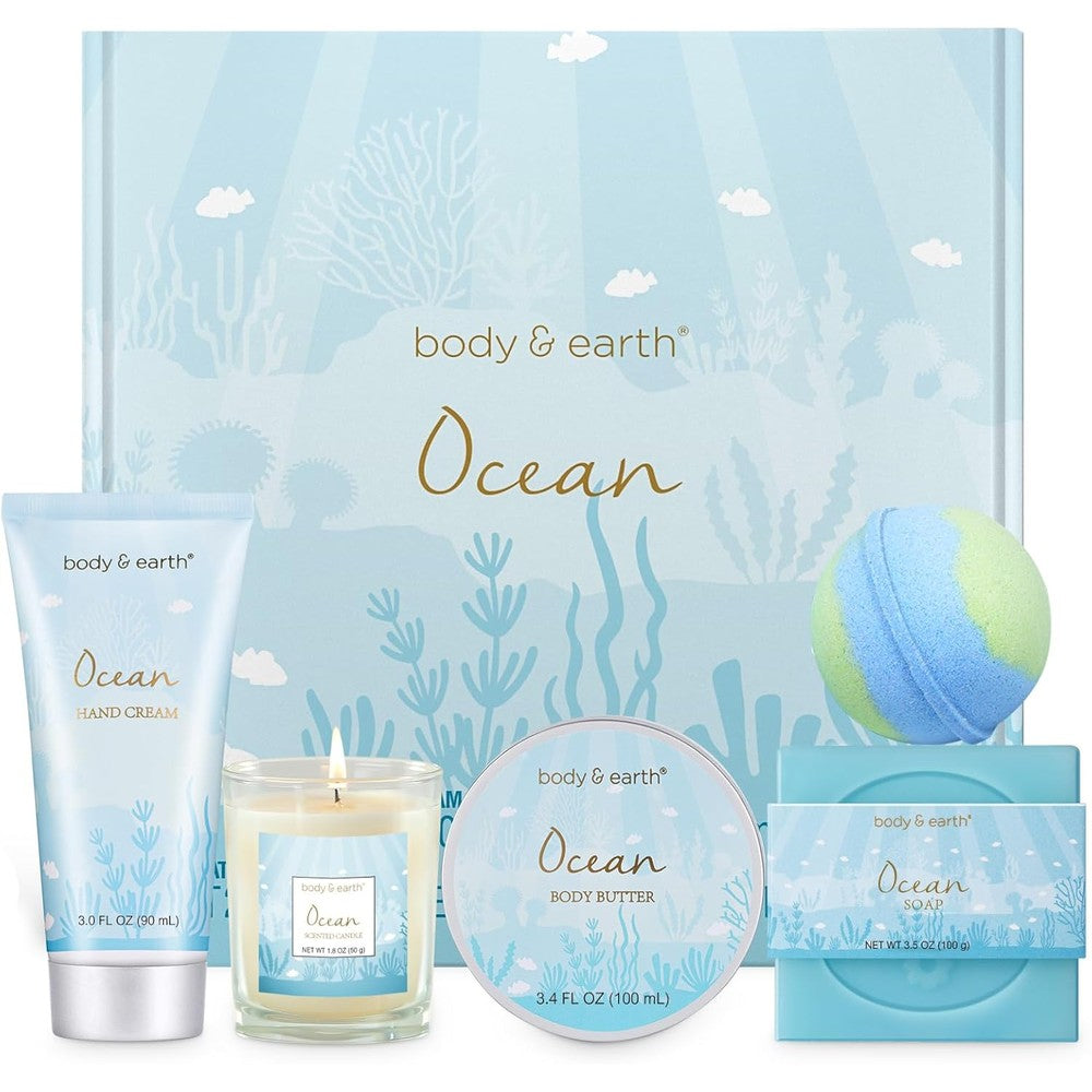Body and Earth ocean spa gift set front view with contents displayed