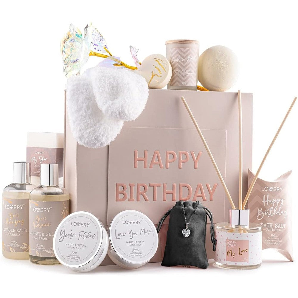 Lovery birthday spa gift basket front view with luxury bath essentials