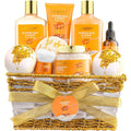 Lovery Almond Milk And Honey Spa Gift Basket front view with woven basket and gold ribbons
