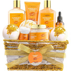 Lovery Almond Milk And Honey Spa Gift Basket front view with woven basket and gold ribbons